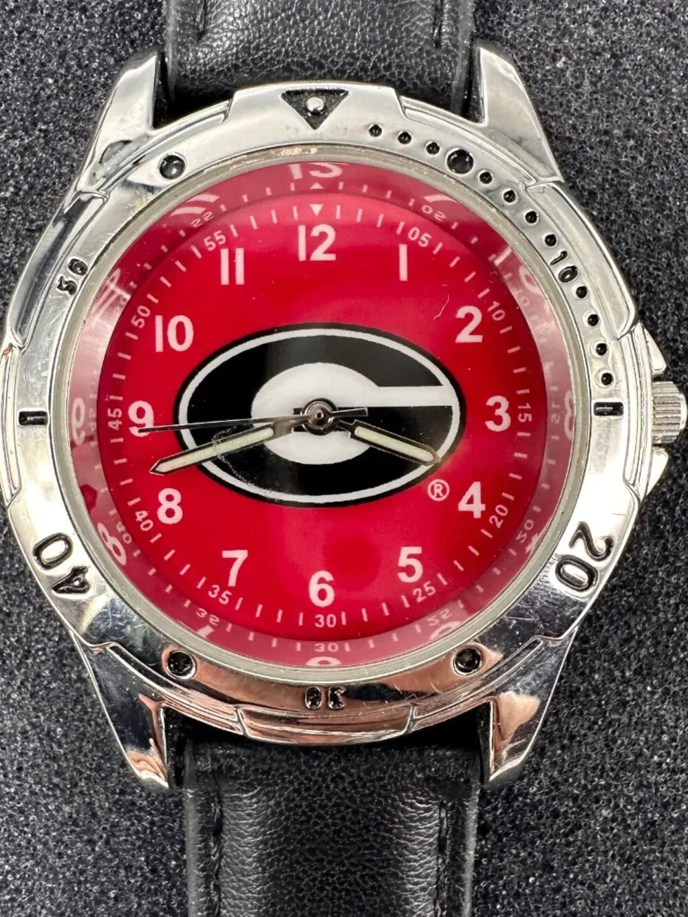 Georgia Bulldogs Watch Men Silver Tone Black Faux Leather Band New Battery 9.5